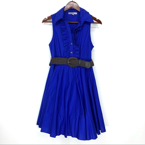 Bailey Blue Cobalt Belted Sleeveless A-Line Dress With Ruffle Bust Tule Underlay - Picture 1 of 16